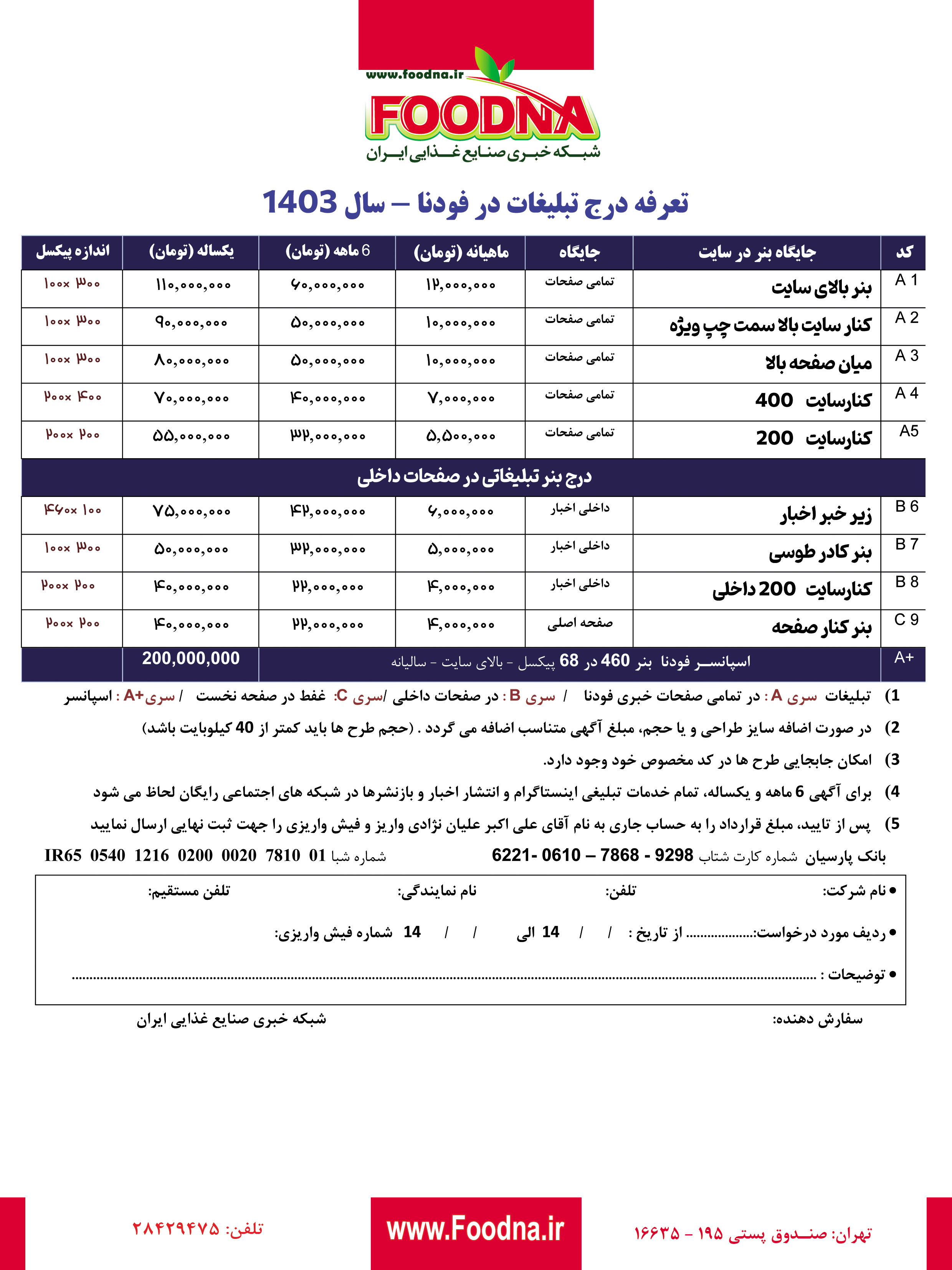 تعرفه فودنا 1403